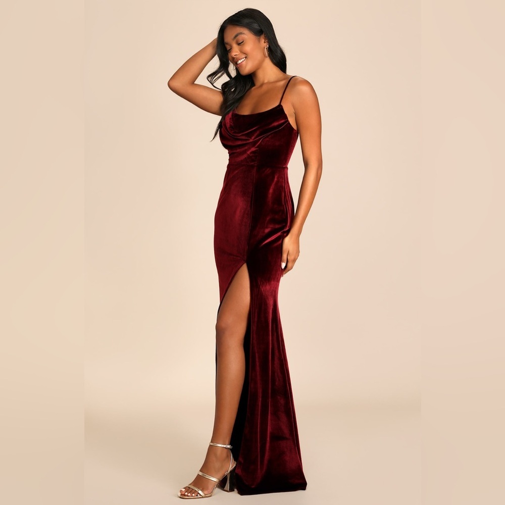 NWT Lulus Everything I Do Wine Velvet Cowl Neck Mermaid Maxi Dress